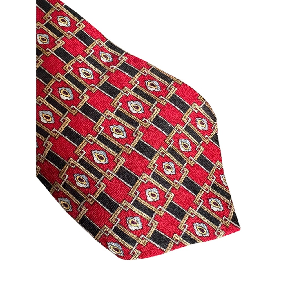 Manhattan 100% Silk Tie Red Black Gold Geometric Pattern 59" x‎ 3.75"